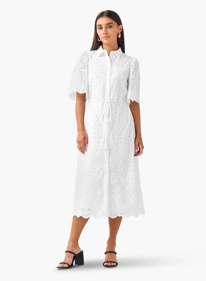 2Xtremz 2Xtremz Schiffili Embroidered Women Shirt Dress with Tie-Up Belt Cotton